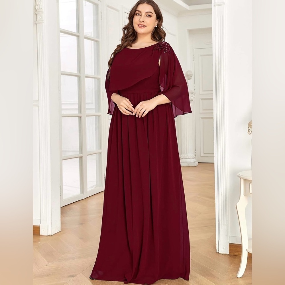 Burgundy Formal Chiffon Cape A-Line Mother of The Bride Dress US16 - Picture 2 of 10